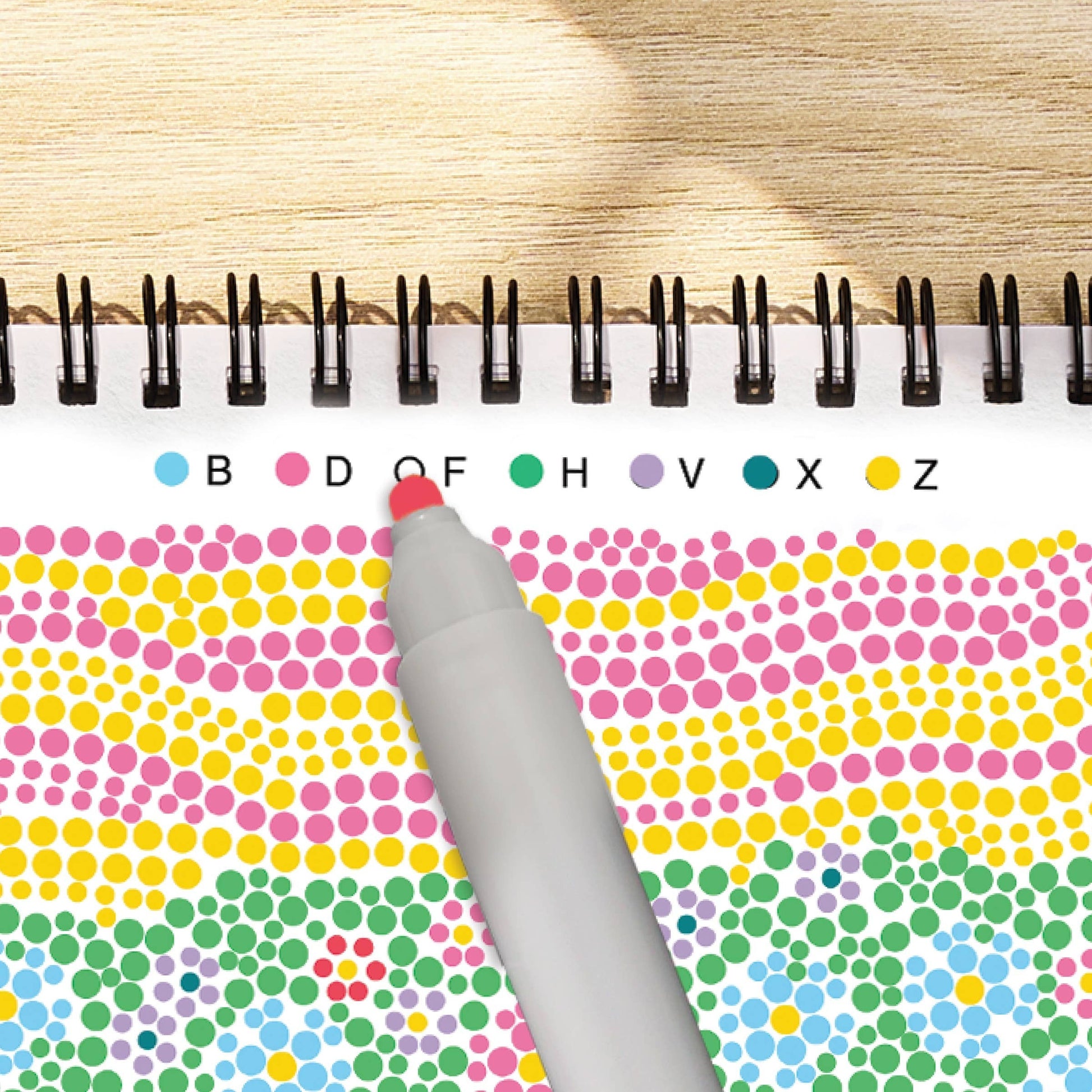 Mellow Monkey Cozy Cottage FlowArt Dot by Letter pad with a marker and color-coded letter key for mindful dotting.