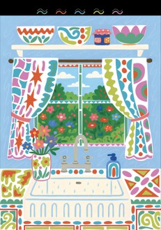 Mellow Monkey FlowArt Trace To Doodle kitchen scene with colorful patterns for mindful tracing and relaxation.