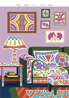 Mellow Monkey FlowArt Trace To Doodle pad featuring a colorful living room scene for meditative line tracing.