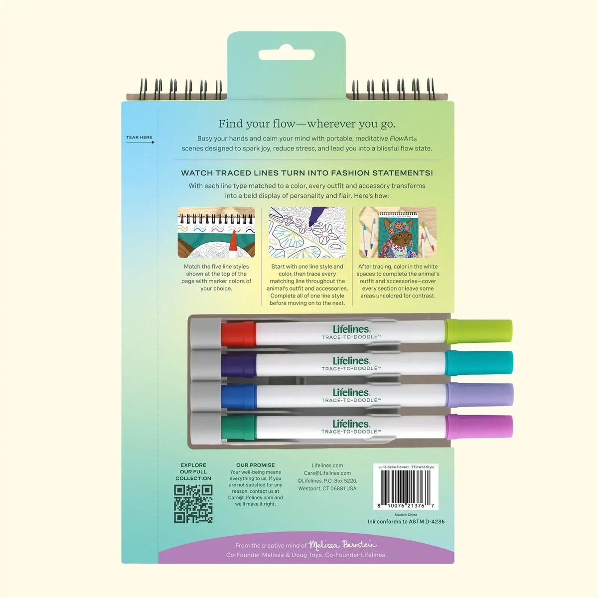 Mellow Monkey Lifelines FlowArt Trace to Doodle pad back cover showing instructions and four colorful markers.