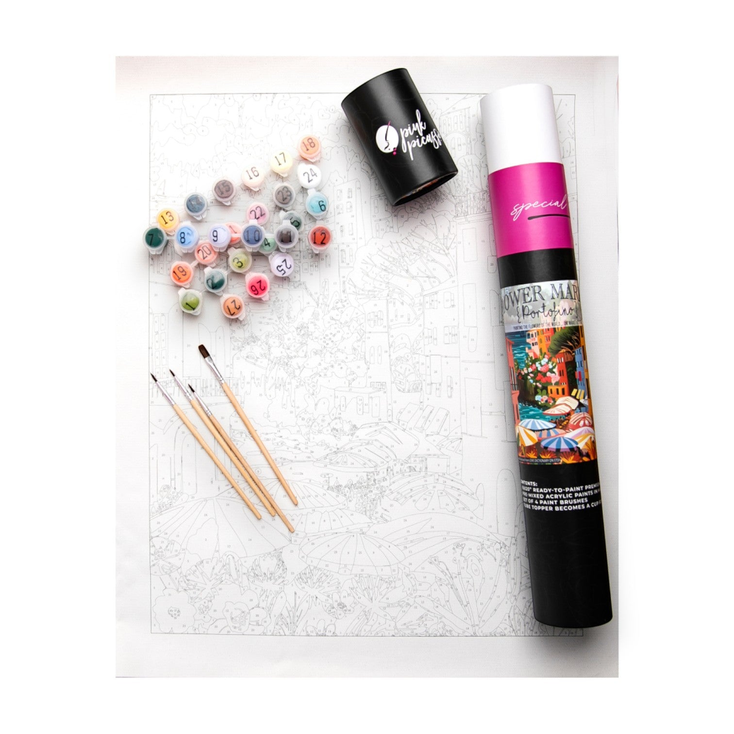Mellow Monkey Flower Market Portofino paint by number kit with pre-numbered canvas, acrylic paints, and brushes.