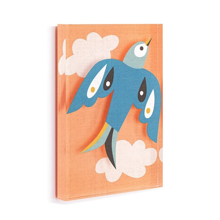 Mellow Monkey Fly Free Together acrylic wall art, 5x7 inches, featuring a blue bird flying through white clouds on an orange textured background.