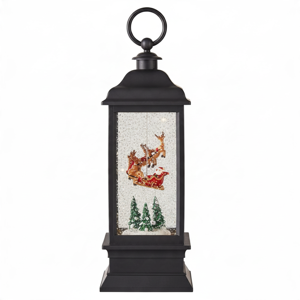 Mellow Monkey 11-inch black holiday lantern featuring an animated flying Santa scene with swirling glitter.