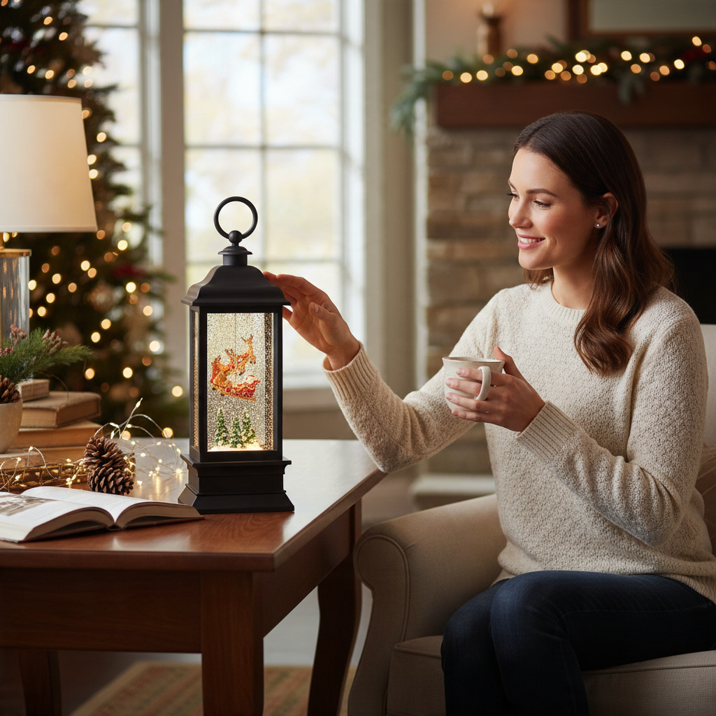 Mellow Monkey Flying Santa animated water lantern with swirling glitter on a wooden table next to a woman