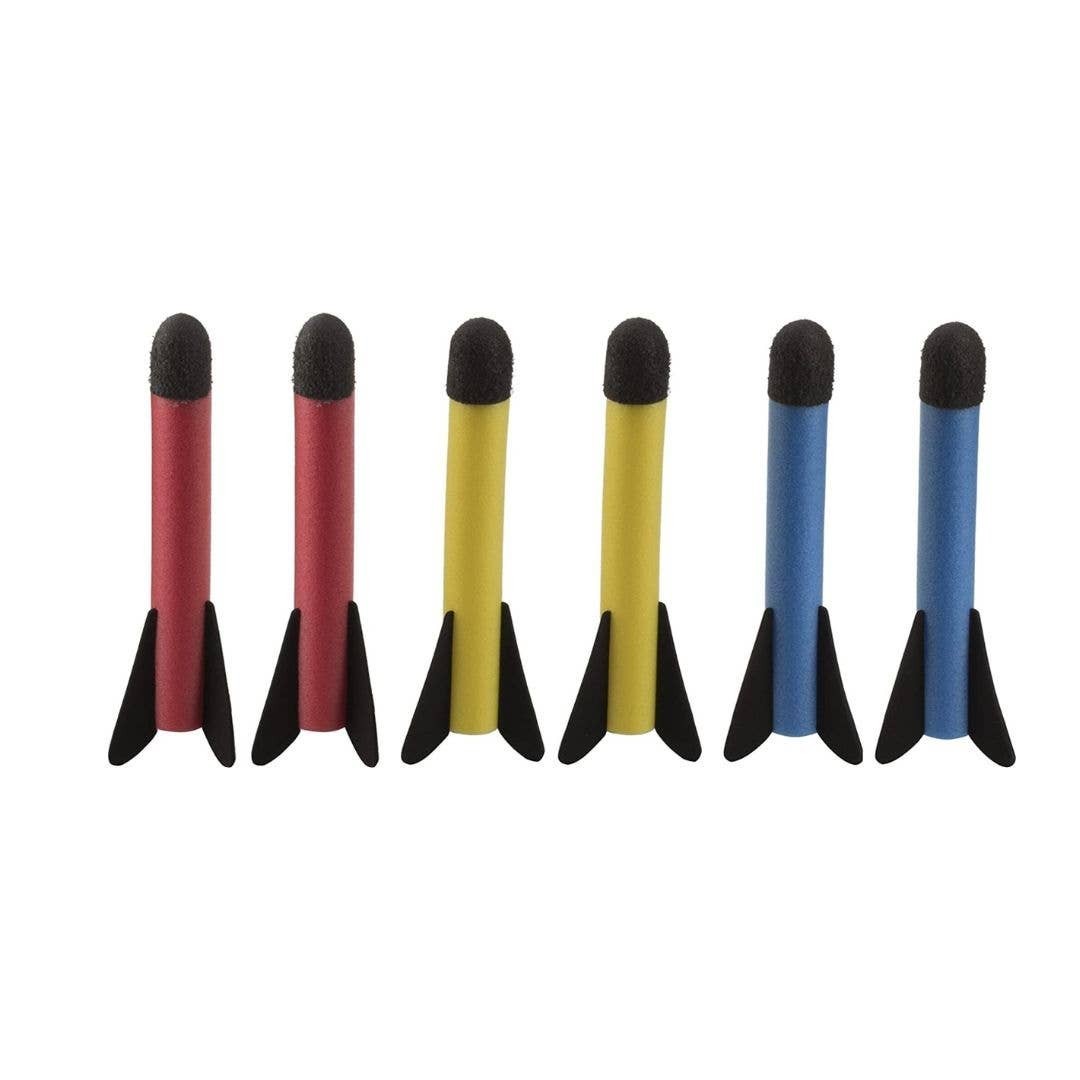 Mellow Monkey set of 6 colorful foam jump rockets in red, yellow, and blue with black tips for outdoor play.