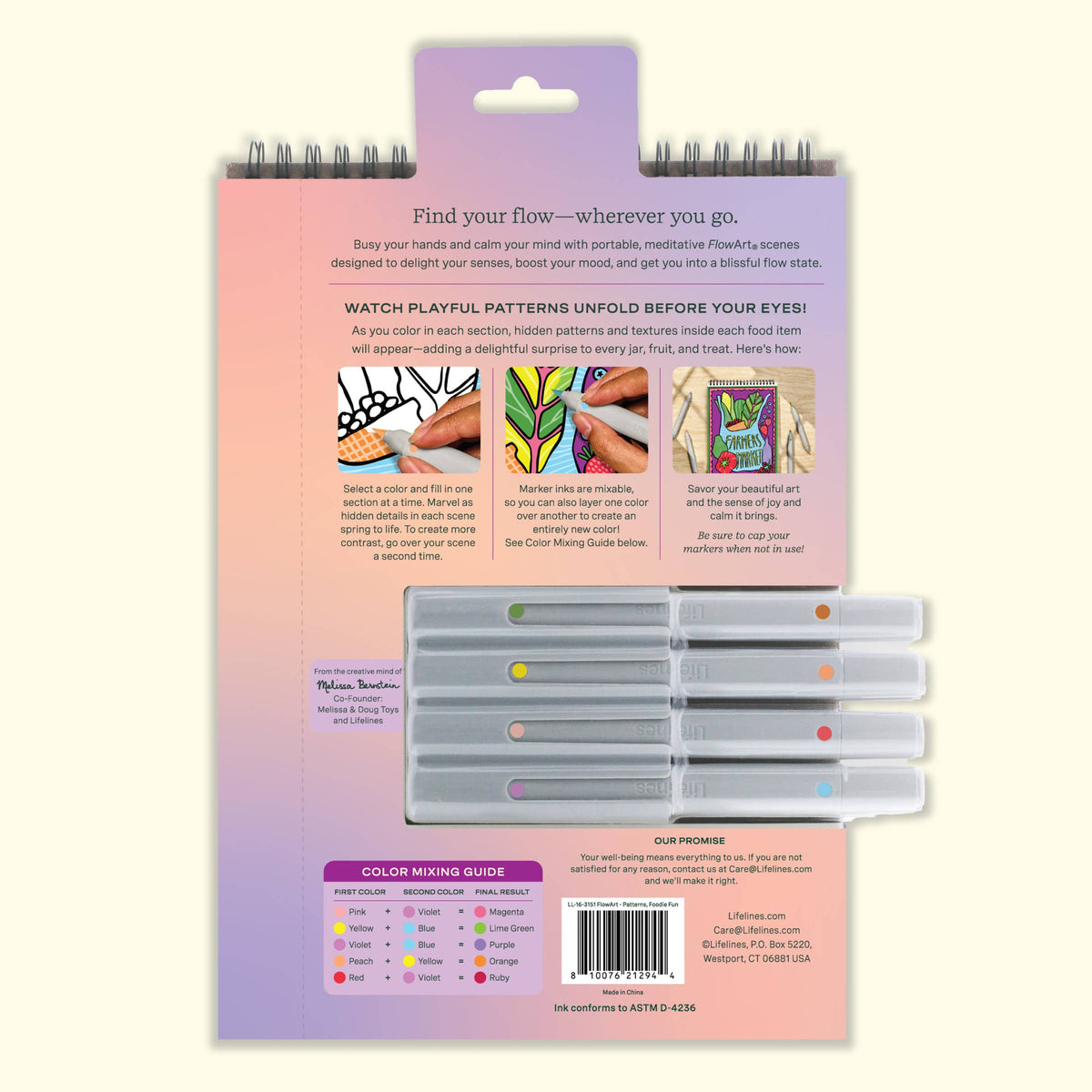 Mellow Monkey Foodie Fun FlowArt coloring set with 20 scenes, 8 markers, and a color mixing guide on the back.