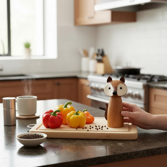 Mellow Monkey fox-shaped salt and pepper mill made of acacia wood with faux leather ears on a kitchen cutting board.