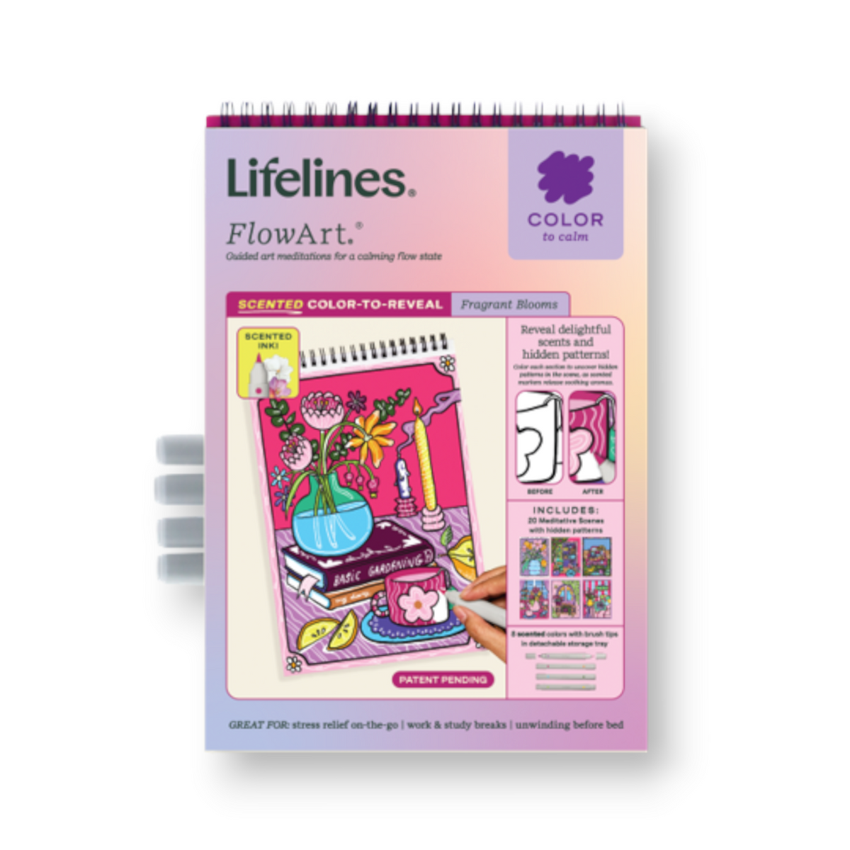 Mellow Monkey Lifelines FlowArt Fragrant Blooms color-to-reveal meditative coloring book with scented markers