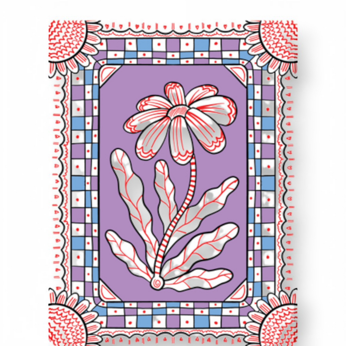 Mellow Monkey Fragrant Blooms FlowArt color-to-reveal page featuring a floral design with purple and red accents.