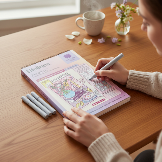 Mellow Monkey Fragrant Blooms FlowArt color-to-reveal set with markers on a wooden desk with a woman coloring.