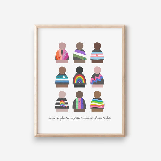Mellow Monkey framed art print with 9 diverse figures in colorful, patterned outfits and the text "no one gets to rewrite someone else's truth."