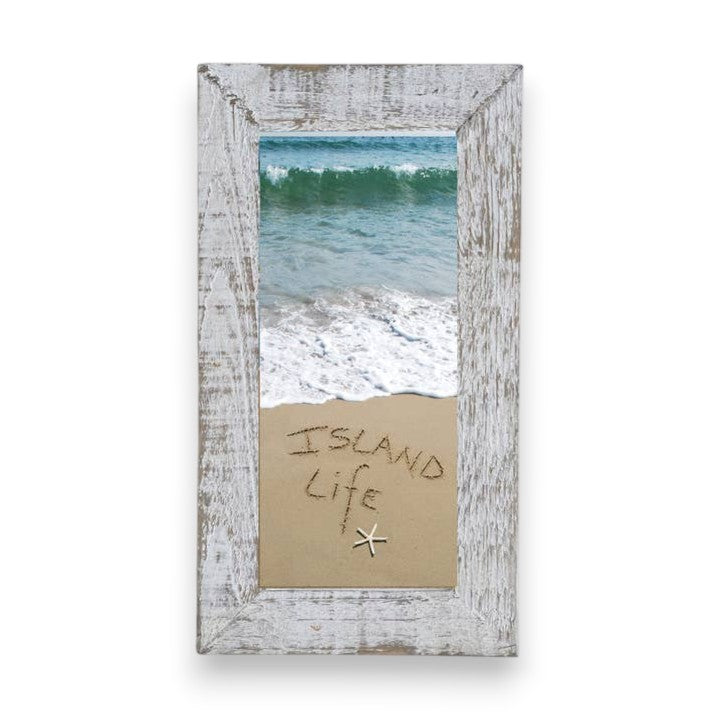 Mellow Monkey rustic white washed wood framed beach scene with "Island Life" written in sand and a starfish.