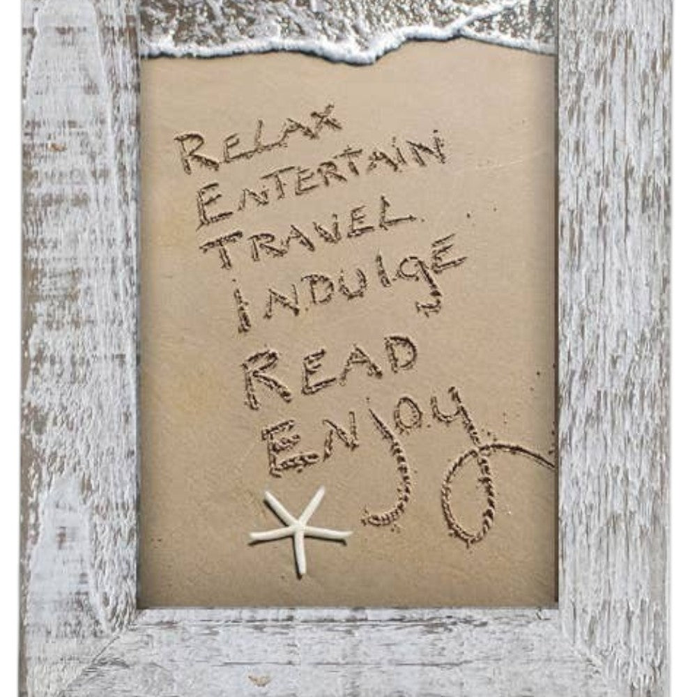 Mellow Monkey rustic white washed wood framed beach art with words written in sand and a starfish.