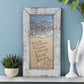 Mellow Monkey Framed Waves beach art with words written in sand and a starfish. Rustic white wood frame.