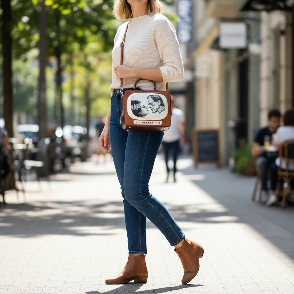 Woman wearing a Mellow Monkey Frankenstein and Bride vintage TV crossbody bag with a cream sweater and blue jeans.