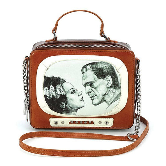Mellow Monkey Frankenstein and Bride vintage TV shaped vinyl crossbody bag with top handle and chain strap.