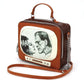 Mellow Monkey Frankenstein and Bride vintage TV shaped vinyl crossbody bag with top handle and chain strap.