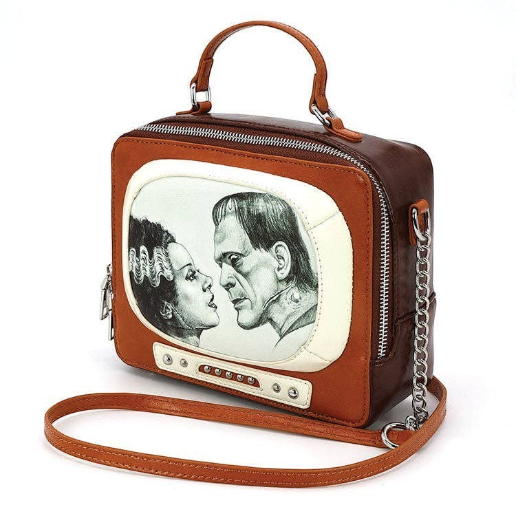 Mellow Monkey Frankenstein and Bride vintage TV shaped vinyl crossbody bag with top handle and chain strap.