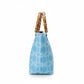 Mellow Monkey French blue tote bag with white geometric pattern and bamboo handles. Interior slip pocket.