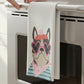 Mellow Monkey Frenchie cotton kitchen towel with a French bulldog wearing heart sunglasses and a pink bandana.