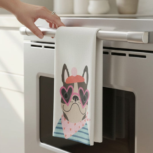 Mellow Monkey Frenchie cotton kitchen towel with a French bulldog wearing heart sunglasses and a pink bandana.