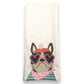 Mellow Monkey Frenchie cotton kitchen towel with a French bulldog wearing heart sunglasses and a pink bandana.