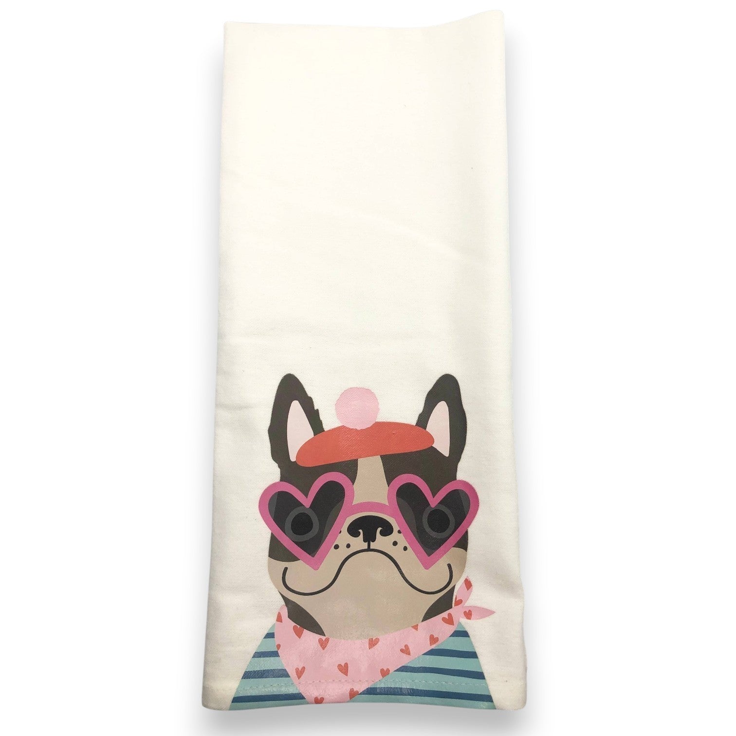 Mellow Monkey Frenchie cotton kitchen towel with a French bulldog wearing heart sunglasses and a pink bandana.