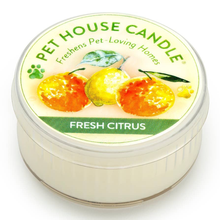 Mellow Monkey Pet House mini candle in Fresh Citrus scent with orange and lemon illustration on the lid