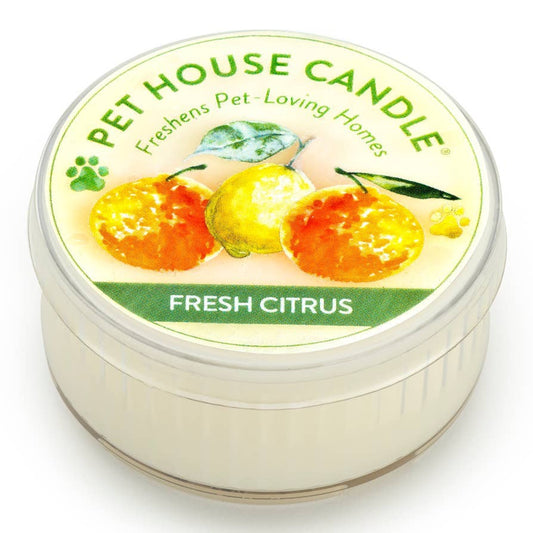 Mellow Monkey Pet House mini candle in Fresh Citrus scent with orange and lemon illustration on the lid