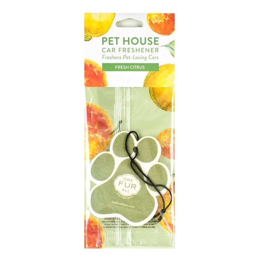 Mellow Monkey Pet House paw-shaped car air freshener in Fresh Citrus scent with orange and lemon packaging design