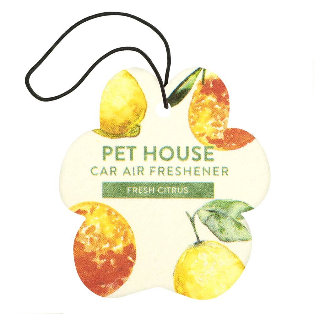 Mellow Monkey paw-shaped Fresh Citrus car air freshener with orange and lemon illustrations on a white background