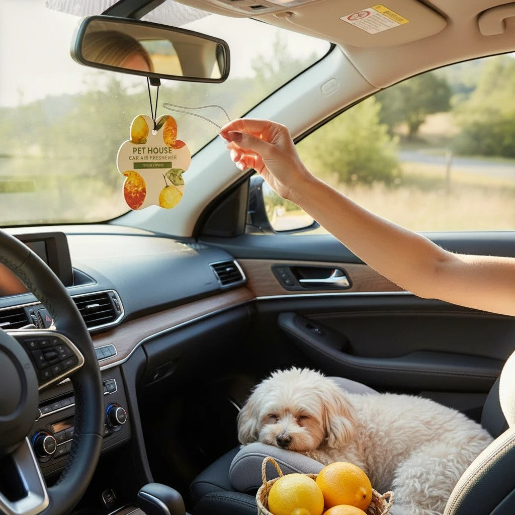 Mellow Monkey paw-shaped Fresh Citrus car air freshener hanging from a rearview mirror with a dog resting in the seat