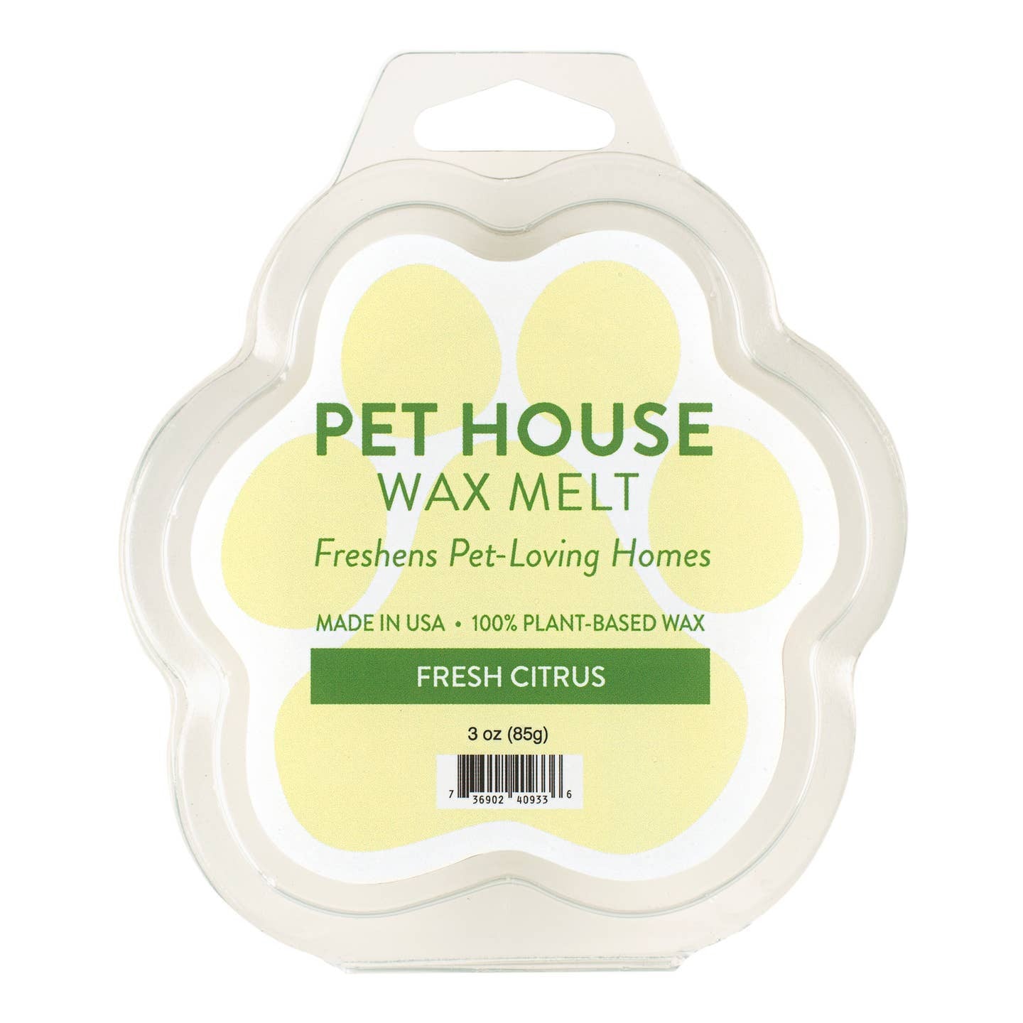 Mellow Monkey Fresh Citrus wax melt in a paw-shaped container, a plant-based odor neutralizer for pet-loving homes.