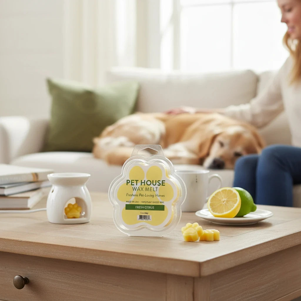 Mellow Monkey Fresh Citrus paw-shaped wax melts on a wooden table with a wax warmer and a dog resting in the background