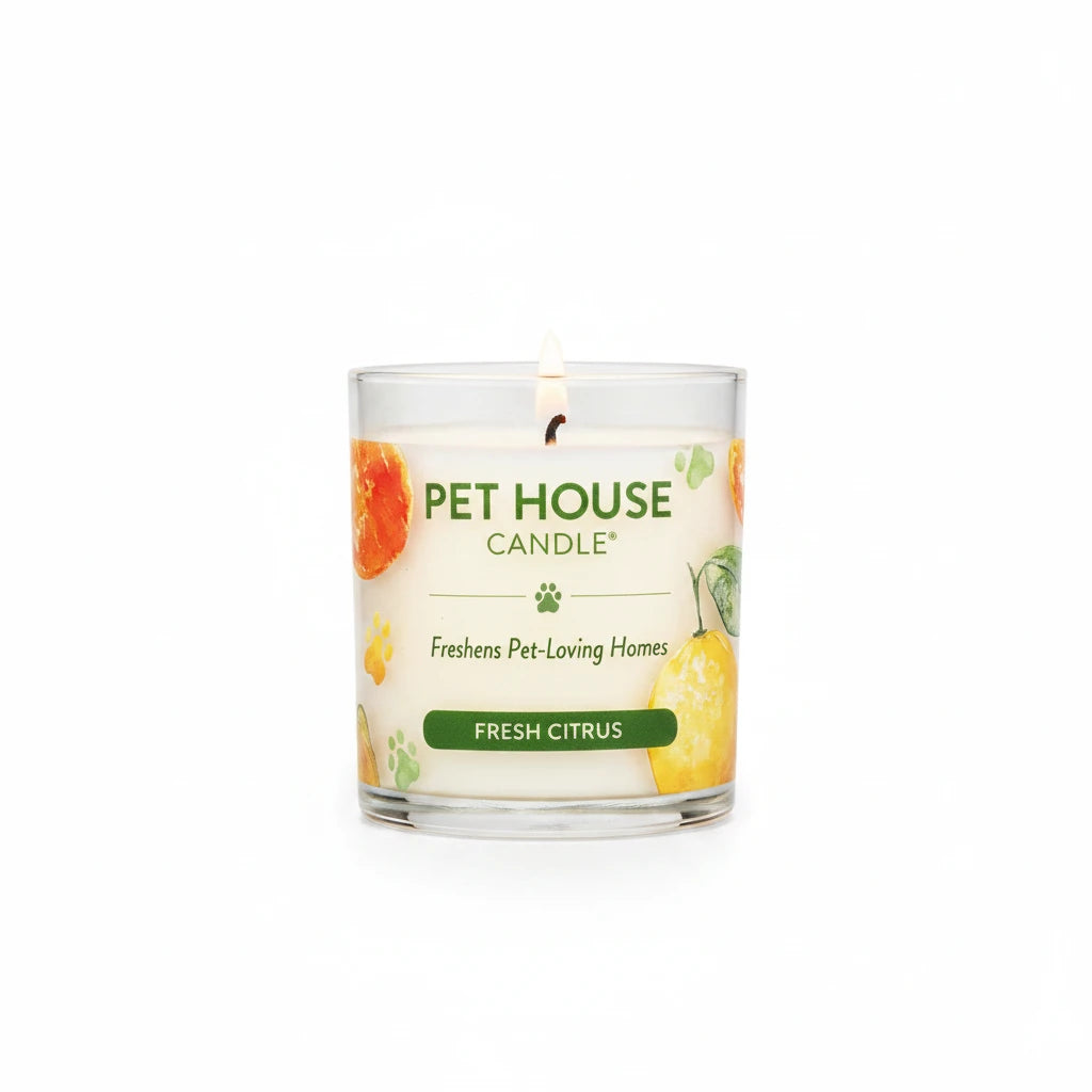 Mellow Monkey Pet House candle in Fresh Citrus scent with orange and lemon illustrations in a clear glass jar