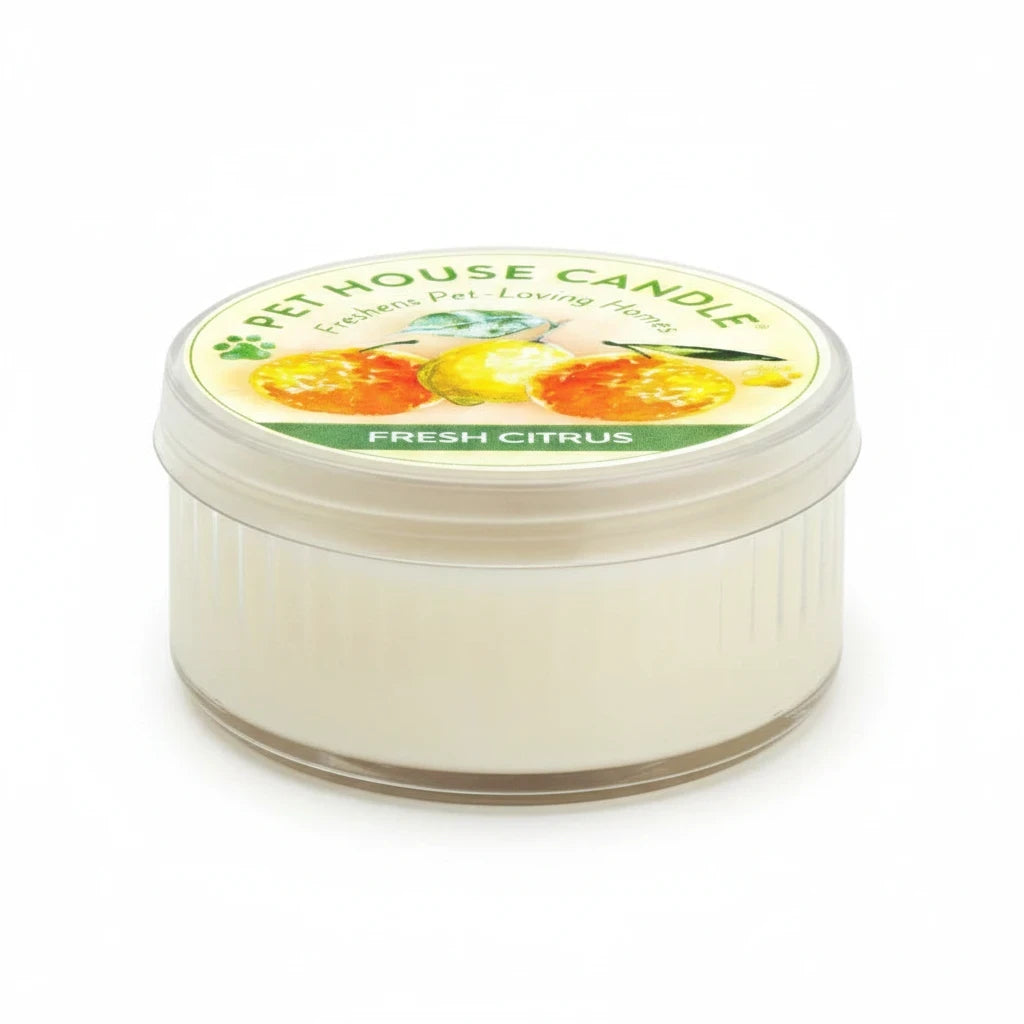 Mellow Monkey Pet House Fresh Citrus mini candle in a clear glass jar with a citrus-themed label