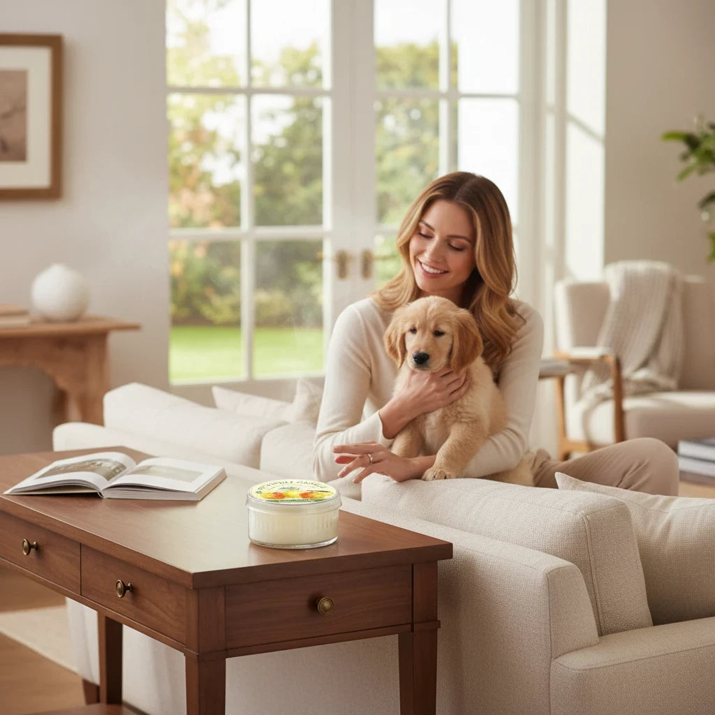 Mellow Monkey Fresh Citrus Pet House candle on a wooden table with a woman holding a golden retriever puppy