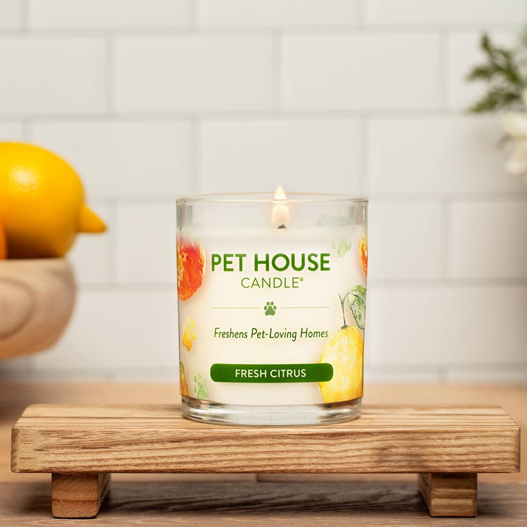 Mellow Monkey Pet House Fresh Citrus scented candle in a glass jar on a small wooden stand with a lemon in the back.