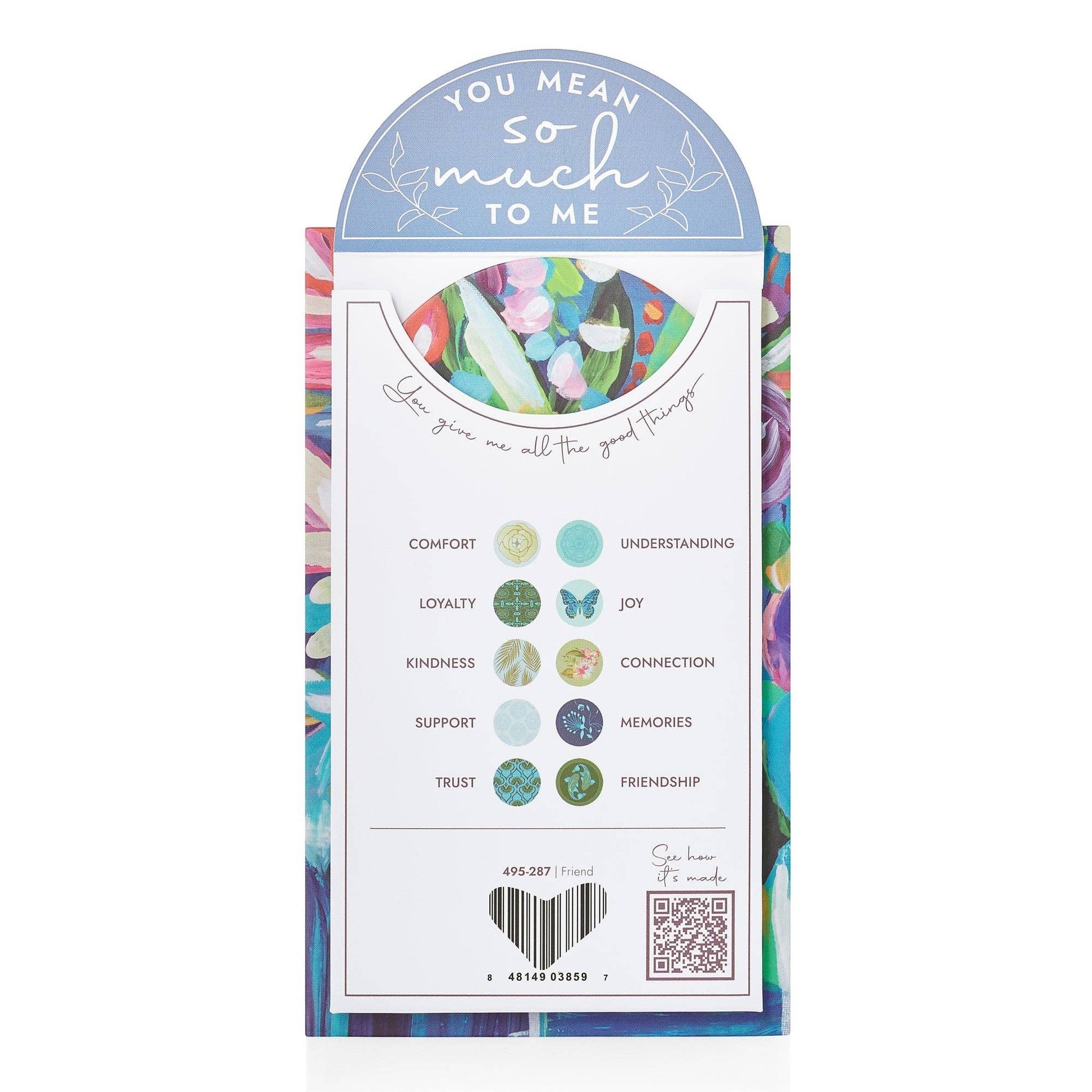 Mellow Monkey Friend bracelet display card with heartfelt messaging and a list of positive attributes.