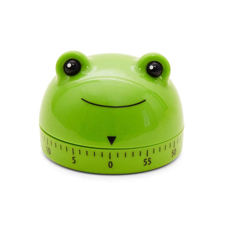 Mellow Monkey green frog-shaped kitchen timer made of ABS plastic and steel with a 60-minute dial