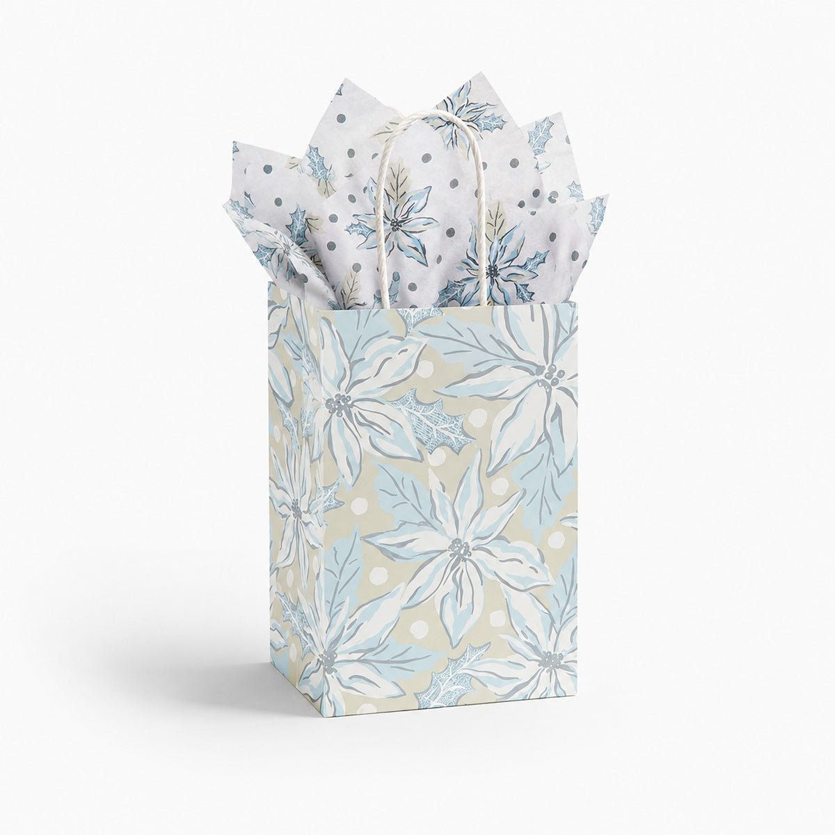 Mellow Monkey small frosted poinsettia gift bag with gloss finish, twisted paper handles, and matching tissue paper.