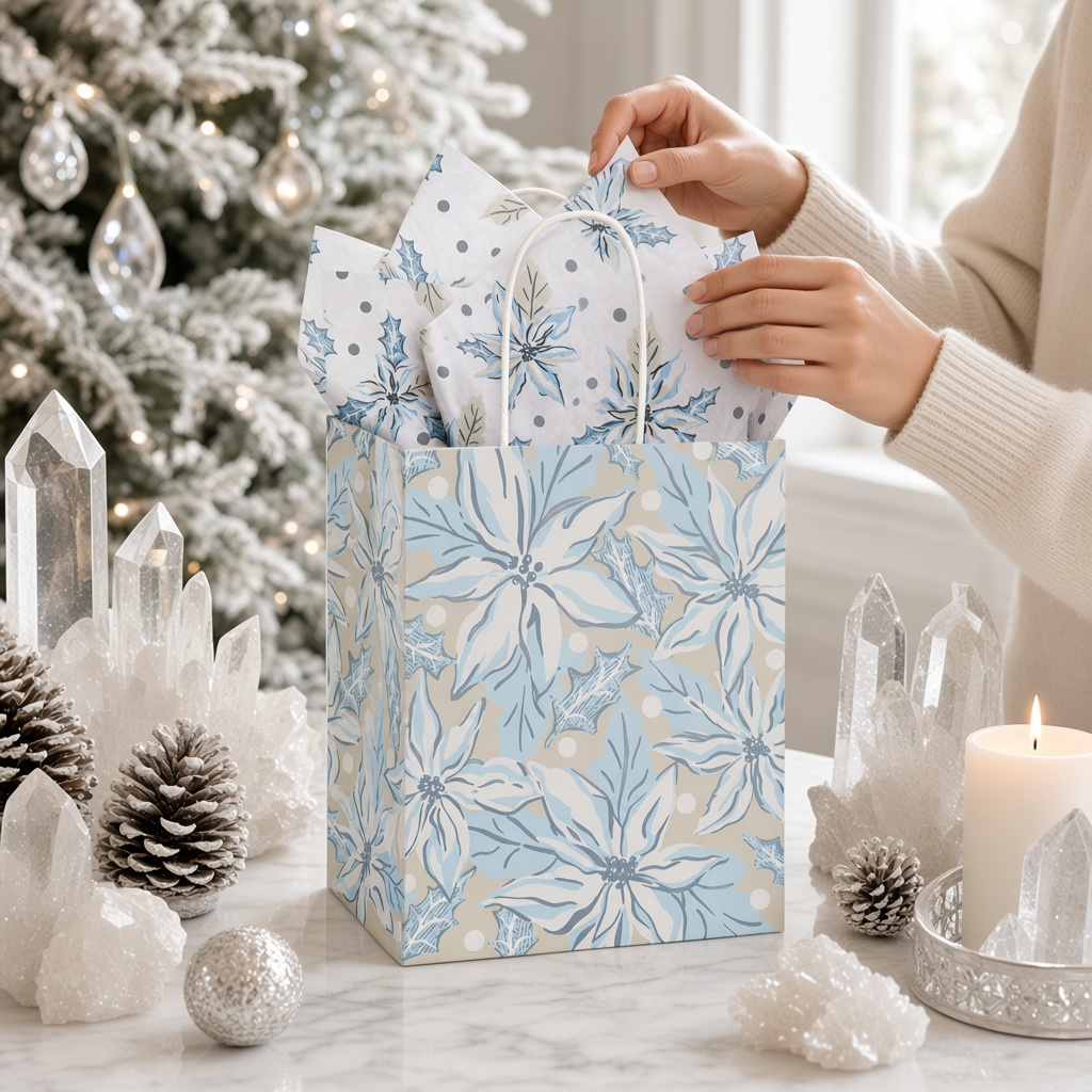 Mellow Monkey medium frosted poinsettia gift bag with blue floral print, twisted handles, and included tissue paper.