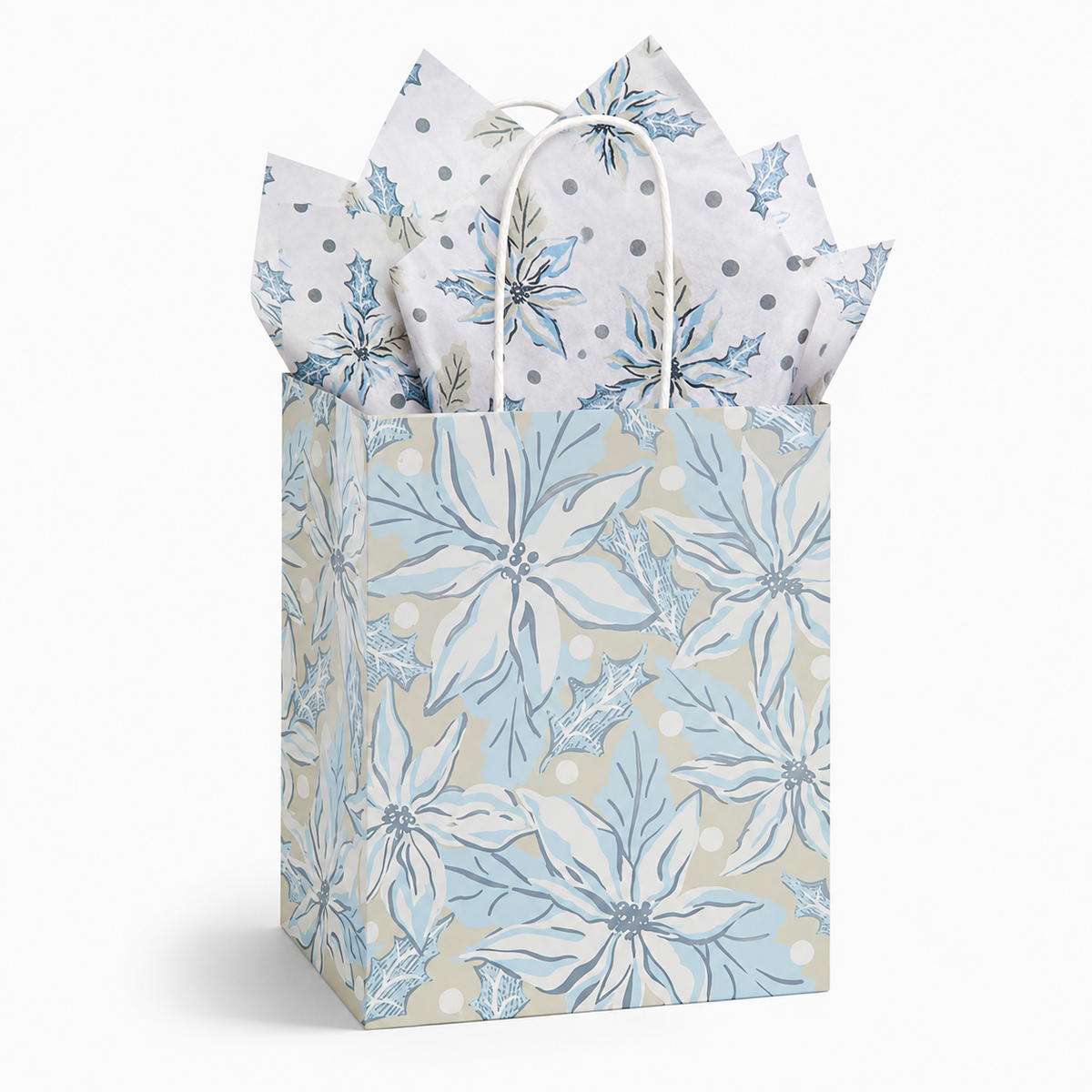 Mellow Monkey medium gift bag with frosted blue poinsettia print, gloss finish, twisted handles, and tissue paper.