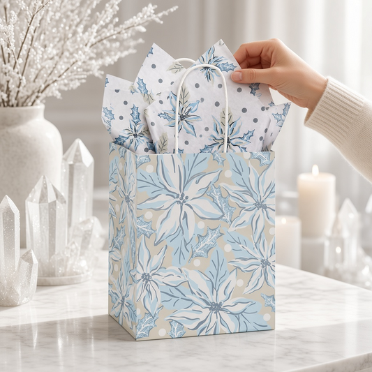 Mellow Monkey medium frosted poinsettia gift bag with blue and white floral print, twisted handles, and tissue paper.