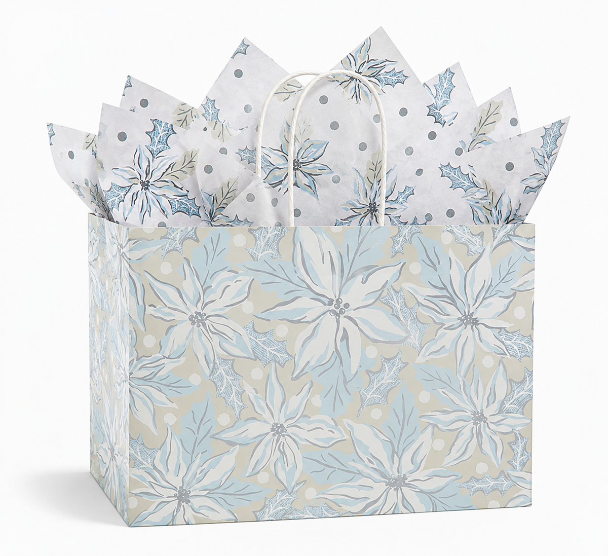 Mellow Monkey large frosted poinsettia gift bag with blue and white floral print and matching tissue paper