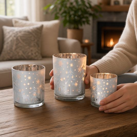 Mellow Monkey set of 3 frosted glass tealight holders with winter woodland deer and tree silhouettes on a wood table