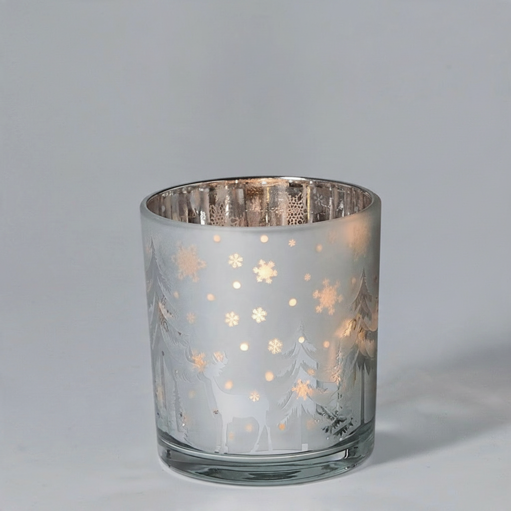 Mellow Monkey frosted glass tealight candleholder with a winter woodland scene featuring deer and snowflakes