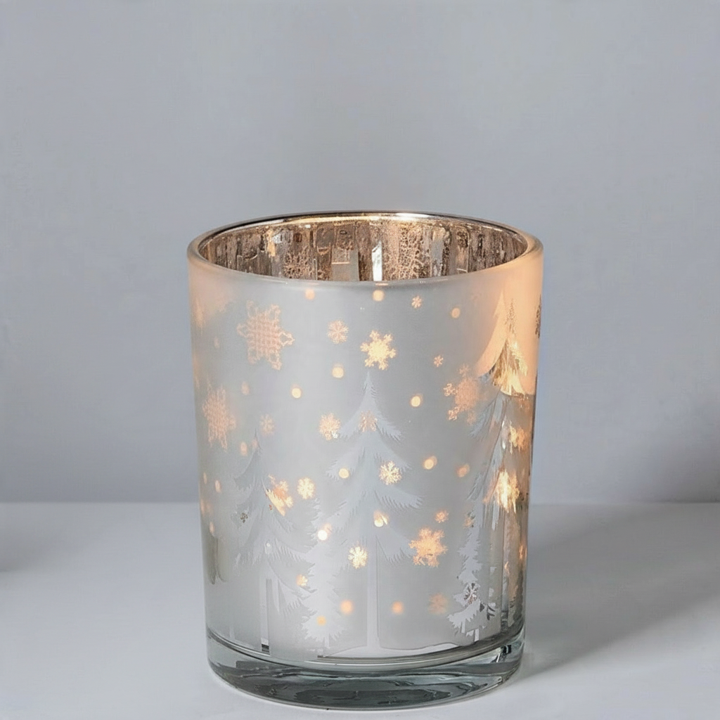 Mellow Monkey set of 3 frosted glass tealight holders with winter woodland, tree, and snowflake silhouettes