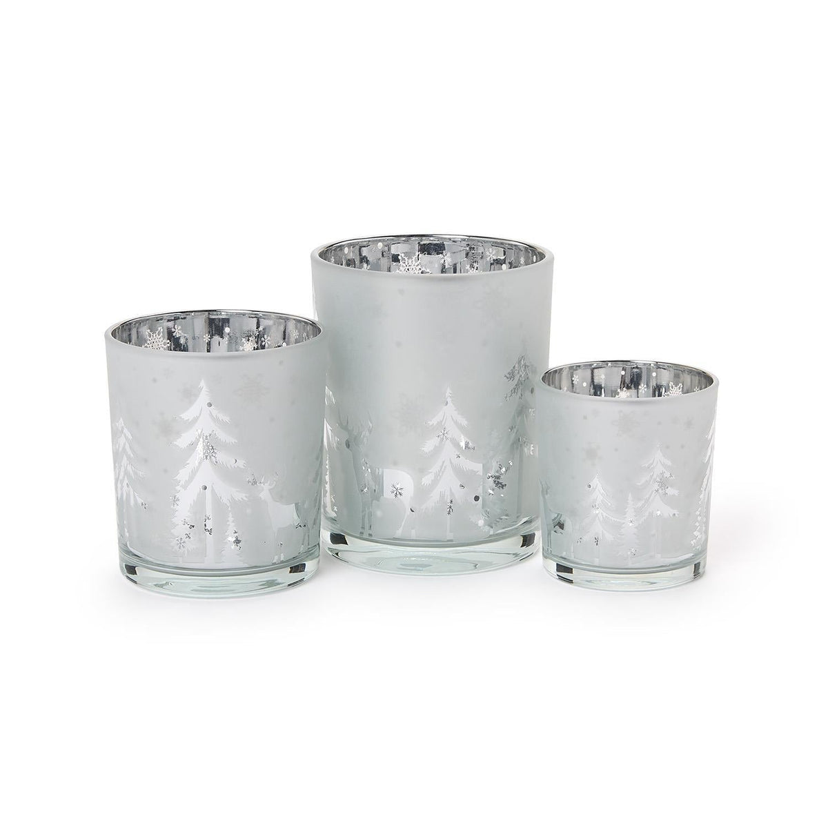 Mellow Monkey set of three frosted glass tealight candleholders with white woodland deer and tree winter silhouettes.