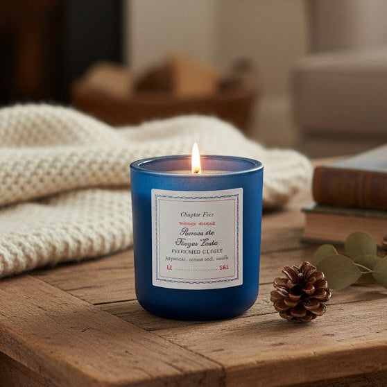 Mellow Monkey Across the Frozen Lake candle in a midnight blue glass jar on a wooden table with cozy decor